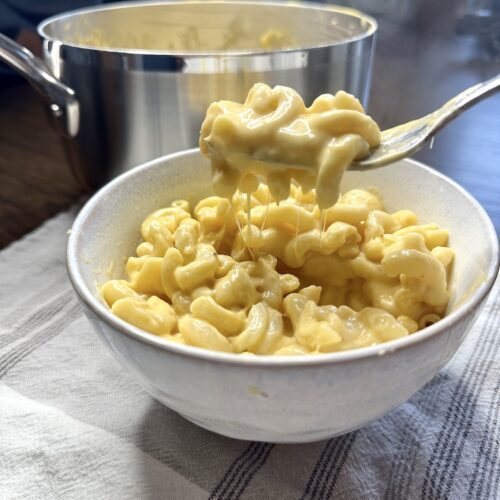 Freshly made mac and cheese in a bowl.