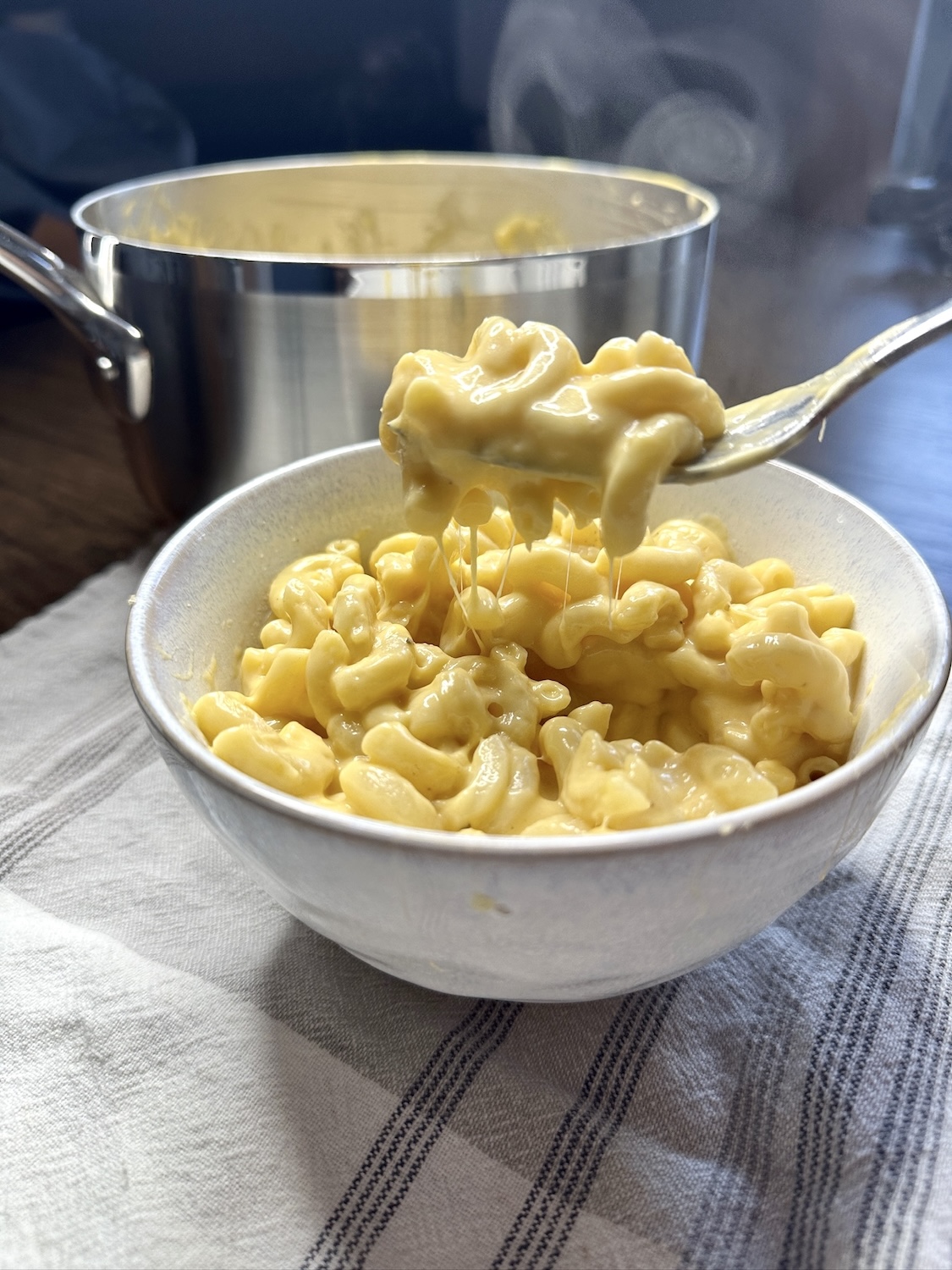 Freshly made mac and cheese in a bowl.