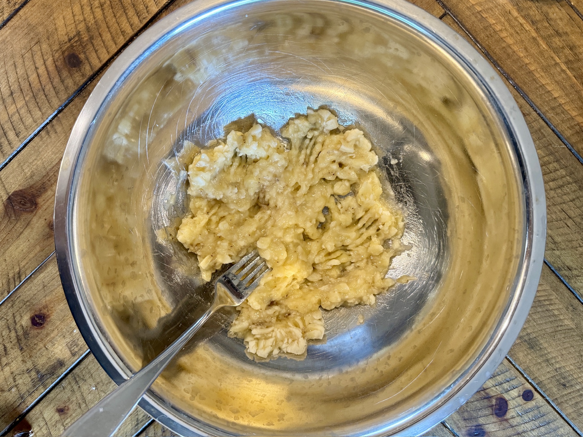 Mashed ripened bananas for chocolate banana bread