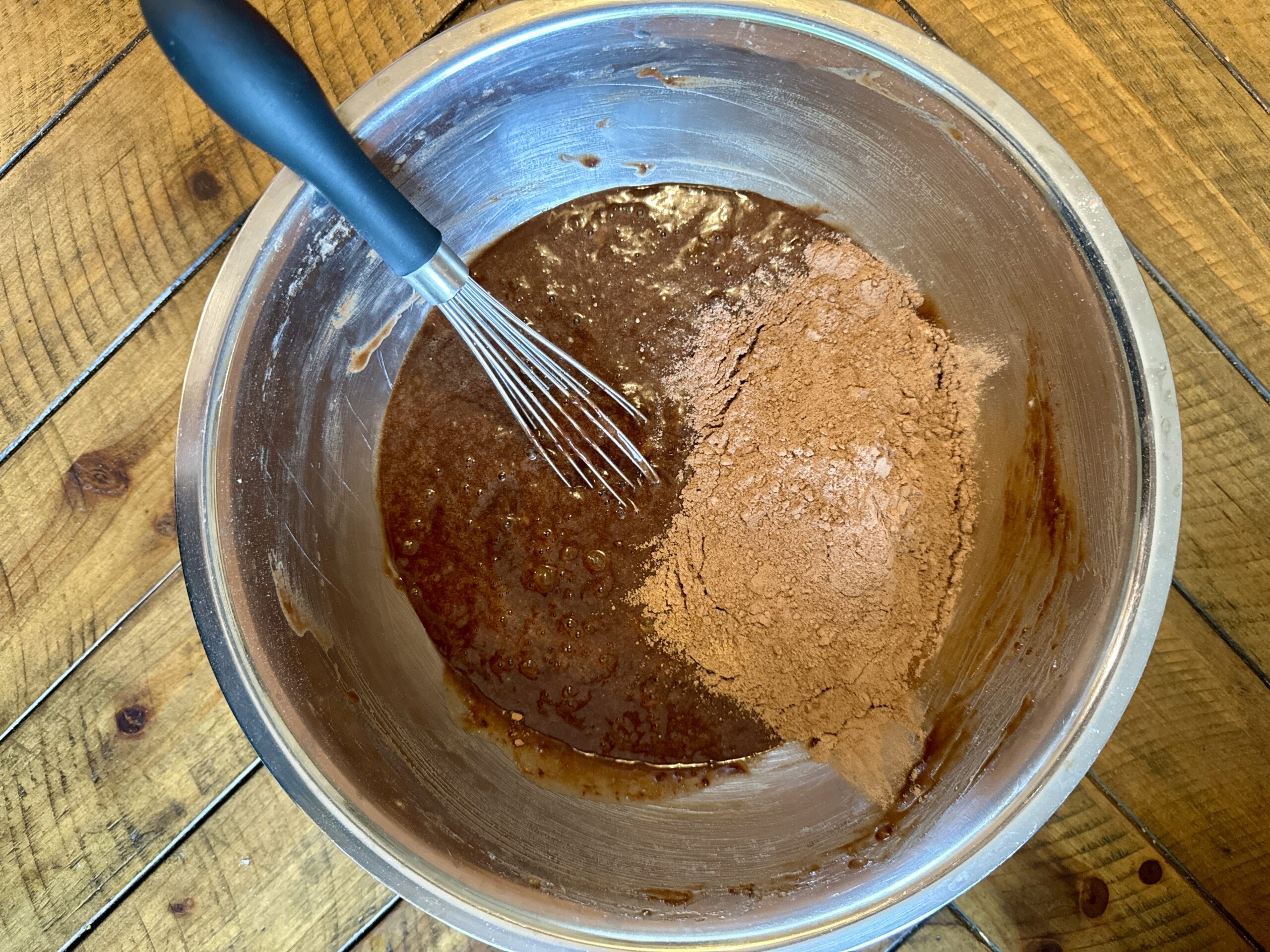 Stir in dry ingredients for chocolate banana bread batter