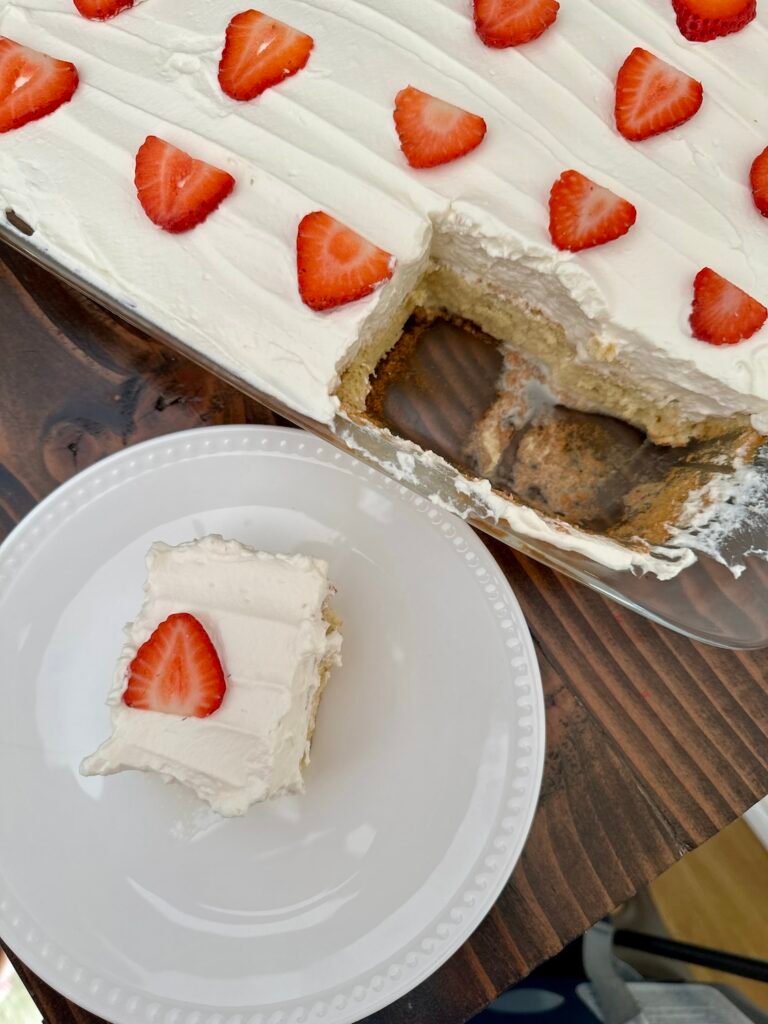 piece of tres leches cake plated on a plate A slice of Tres Leches on a plate