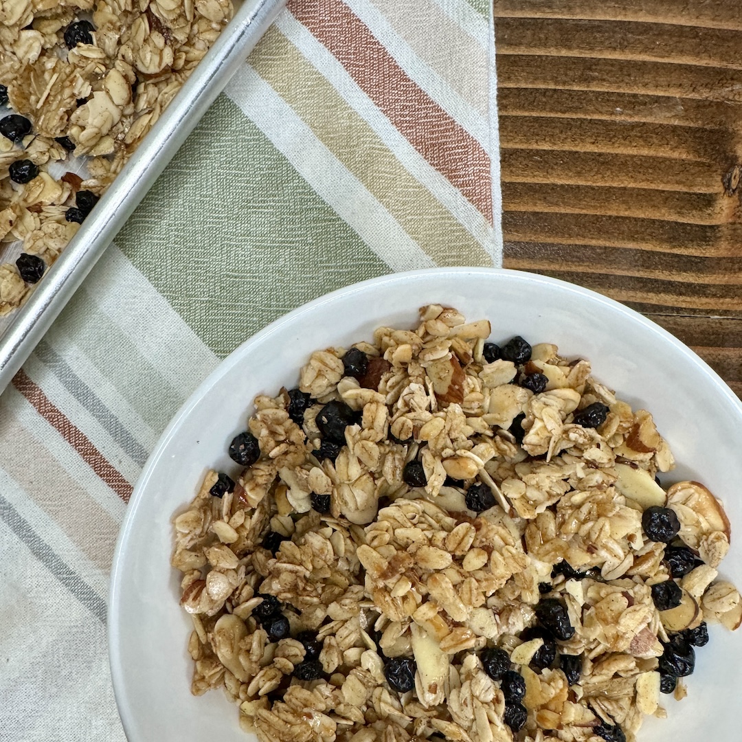 Sprouted blueberry muffin granola in a bowl.