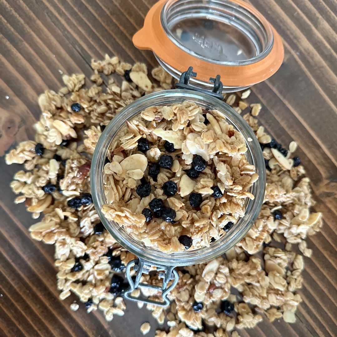 Blueberry muffin granola in a jar